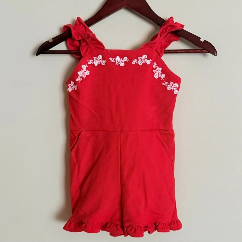 Janie and Jack | Red Embroidered Romper with Ruffle Hem | 5